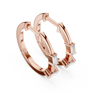Pair-Shot: Emerald Cut Diamond Hoop Earrings with Basket Setting in 14k Rose Gold - Lab Grown - Driona Jewels