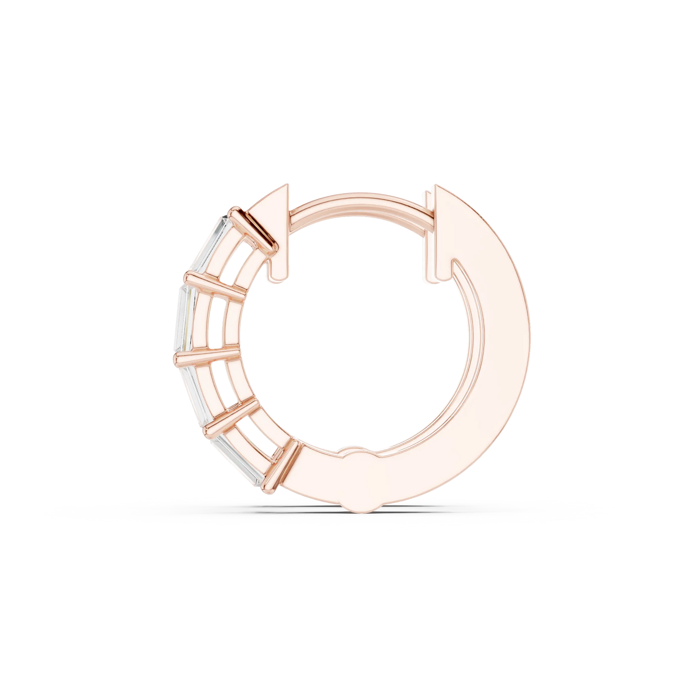 Flat-Lay: Emerald Cut Diamond Hoop with Bezel Setting in 14k Rose Gold - Lab Grown - Driona Jewels