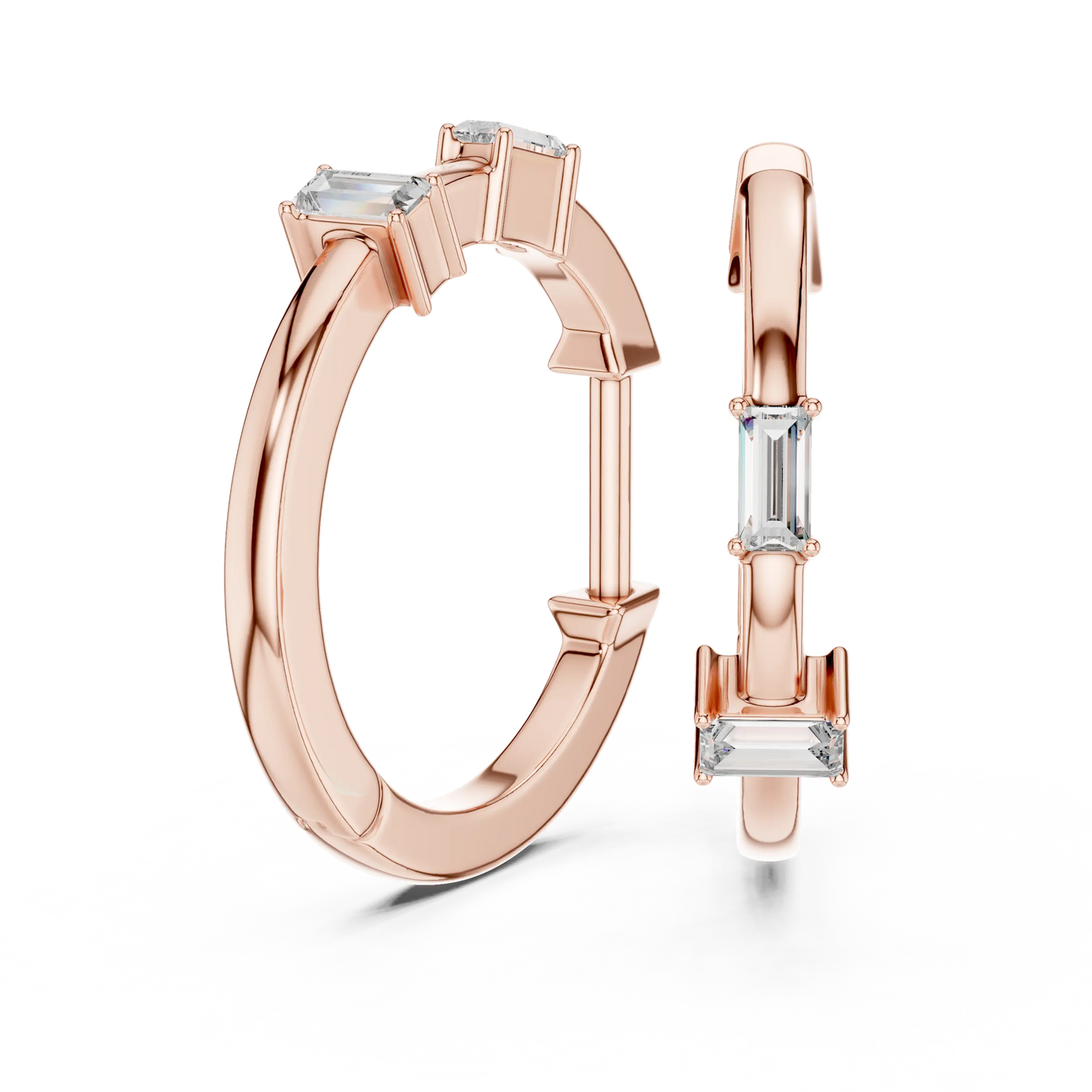 Pair Shot: Emerald Cut Diamond Hoop Earrings with Bezel Setting in 14k Rose Gold - Lab Grown - Driona Jewels