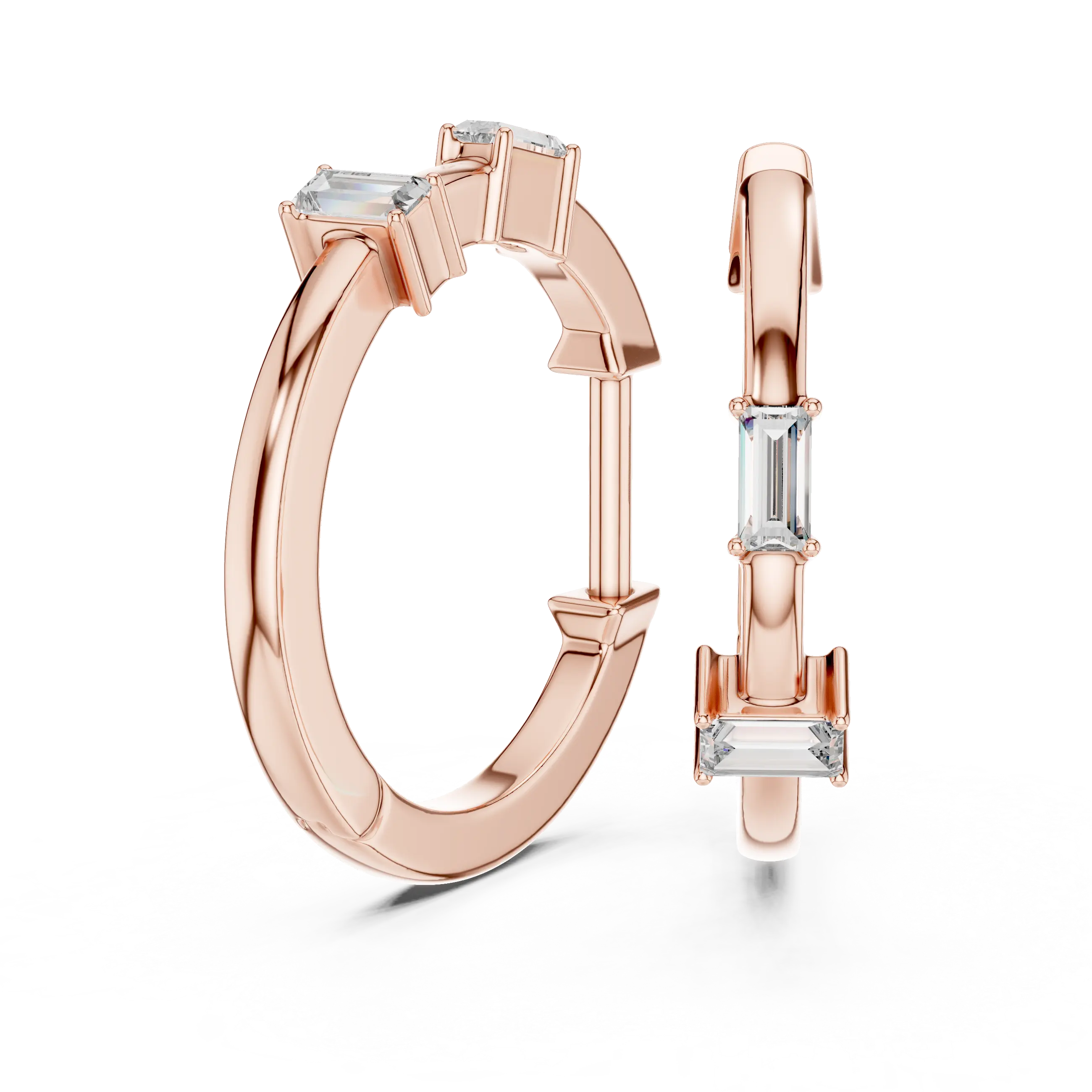 Pair Shot: Emerald Cut Diamond Hoop Earrings with Bezel Setting in 14k Rose Gold - Lab Grown - Driona Jewels