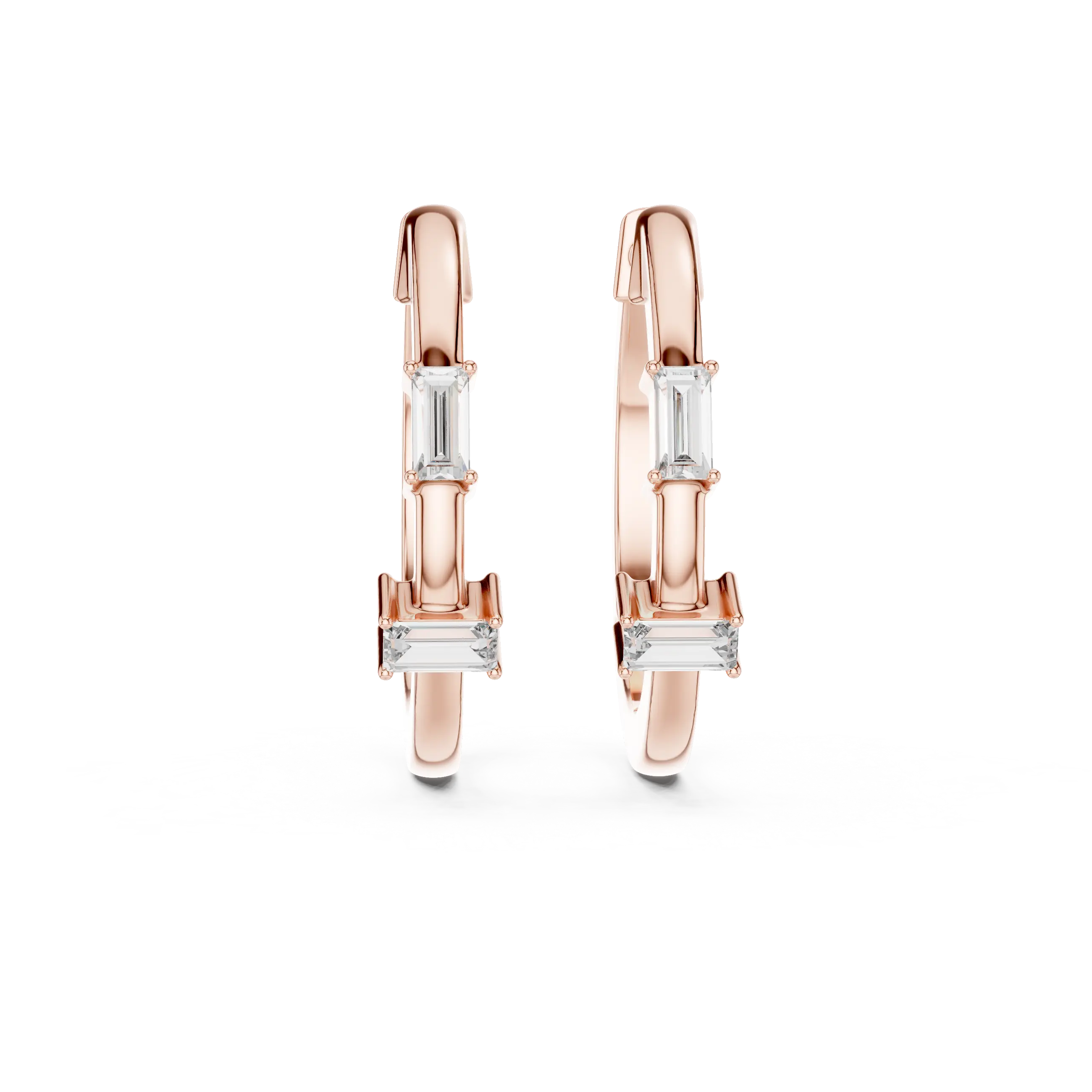 Pair-Shot: Emerald Cut Diamond Hoops with Bezel Setting in 14k Rose Gold - Lab Grown - Driona Jewels