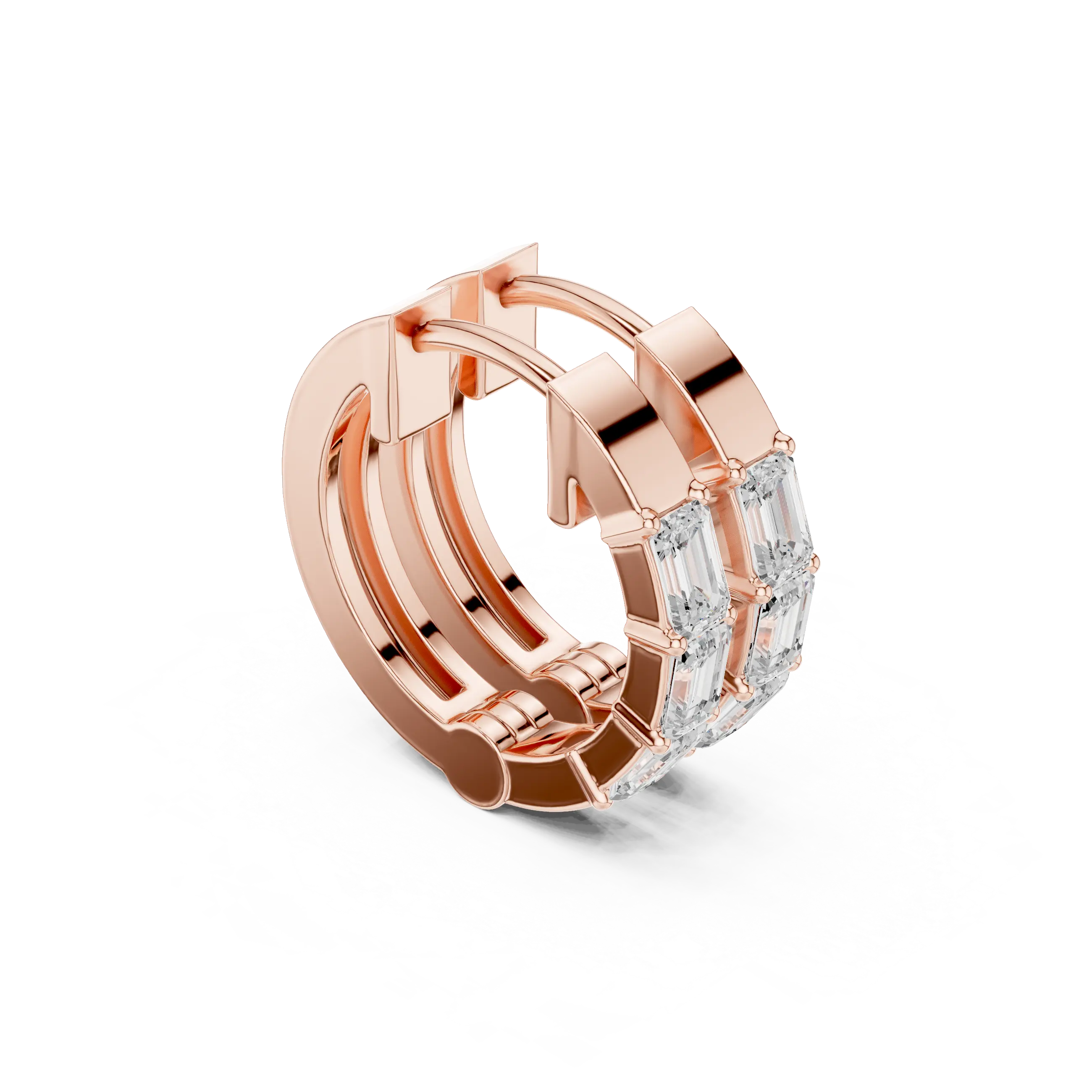 Three-quarter-view: Emerald Cut Diamond Hoop with Bezel Setting in 14k Rose Gold - Lab Grown - Driona Jewels
