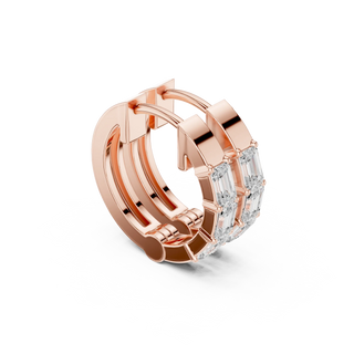 Three-quarter-view: Emerald Cut Diamond Hoop with Bezel Setting in 14k Rose Gold - Lab Grown - Driona Jewels
