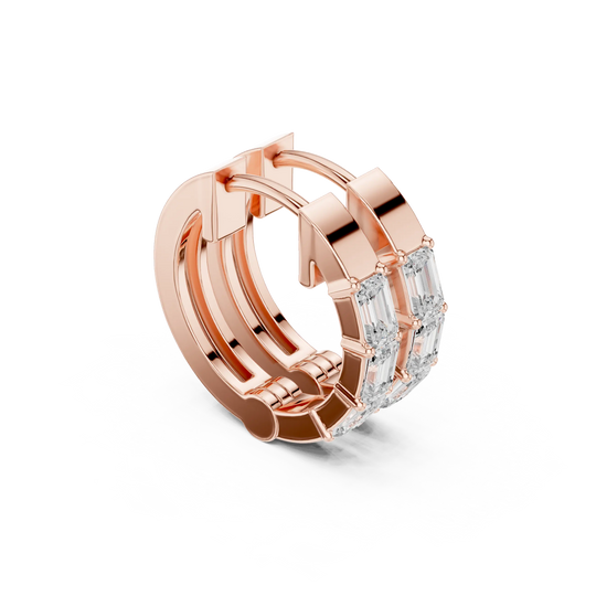 Three-quarter-view: Emerald Cut Diamond Hoop with Bezel Setting in 14k Rose Gold - Lab Grown - Driona Jewels