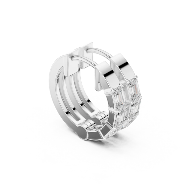 Three-quarter-view: Emerald Cut Diamond Hoop with Bezel Setting in 14k White Gold - Lab Grown - Driona Jewels