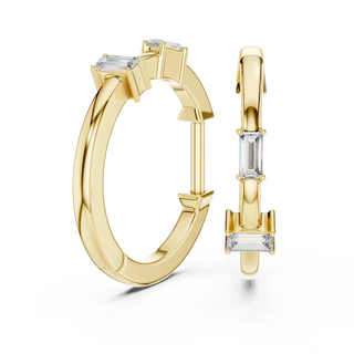 Pair-shot: Emerald Cut Diamond Hoop Earrings with Bezel Setting in 14k Yellow Gold - Lab Grown - Driona Jewels