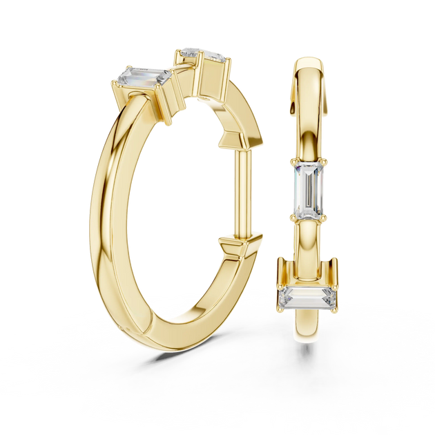Pair-shot: Emerald Cut Diamond Hoop Earrings with Bezel Setting in 14k Yellow Gold - Lab Grown - Driona Jewels