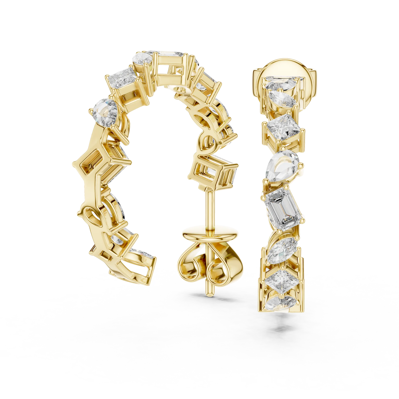 Pair-Shot: Emerald Cut Diamond Hoops with Bezel Setting in 14k Yellow Gold - Lab Grown - Driona Jewels