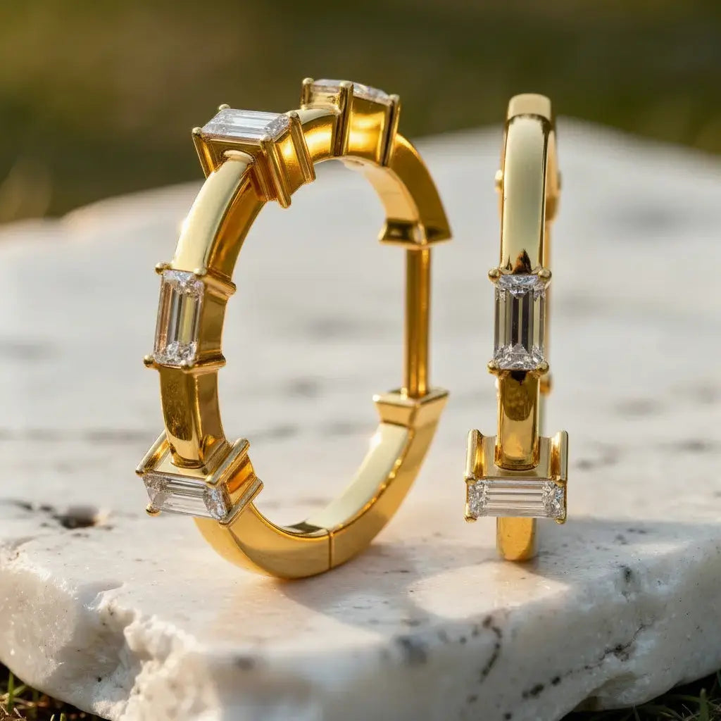 Pair-shot: Emerald Cut Diamond Hoop Earrings with Bezel Setting in 14k Yellow Gold - Lab Grown - Driona Jewels