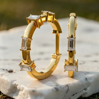Pair-shot: Emerald Cut Diamond Hoop Earrings with Bezel Setting in 14k Yellow Gold - Lab Grown - Driona Jewels