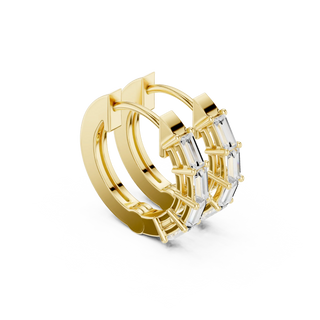 Three-quarter-view: Emerald Cut Diamond Hoop with Bezel Setting in 14k Yellow Gold - Lab Grown - Driona Jewels