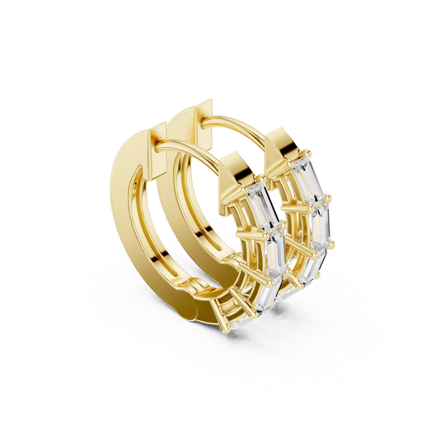 Three-quarter-view: Emerald Cut Diamond Hoop with Bezel Setting in 14k Yellow Gold - Lab Grown - Driona Jewels
