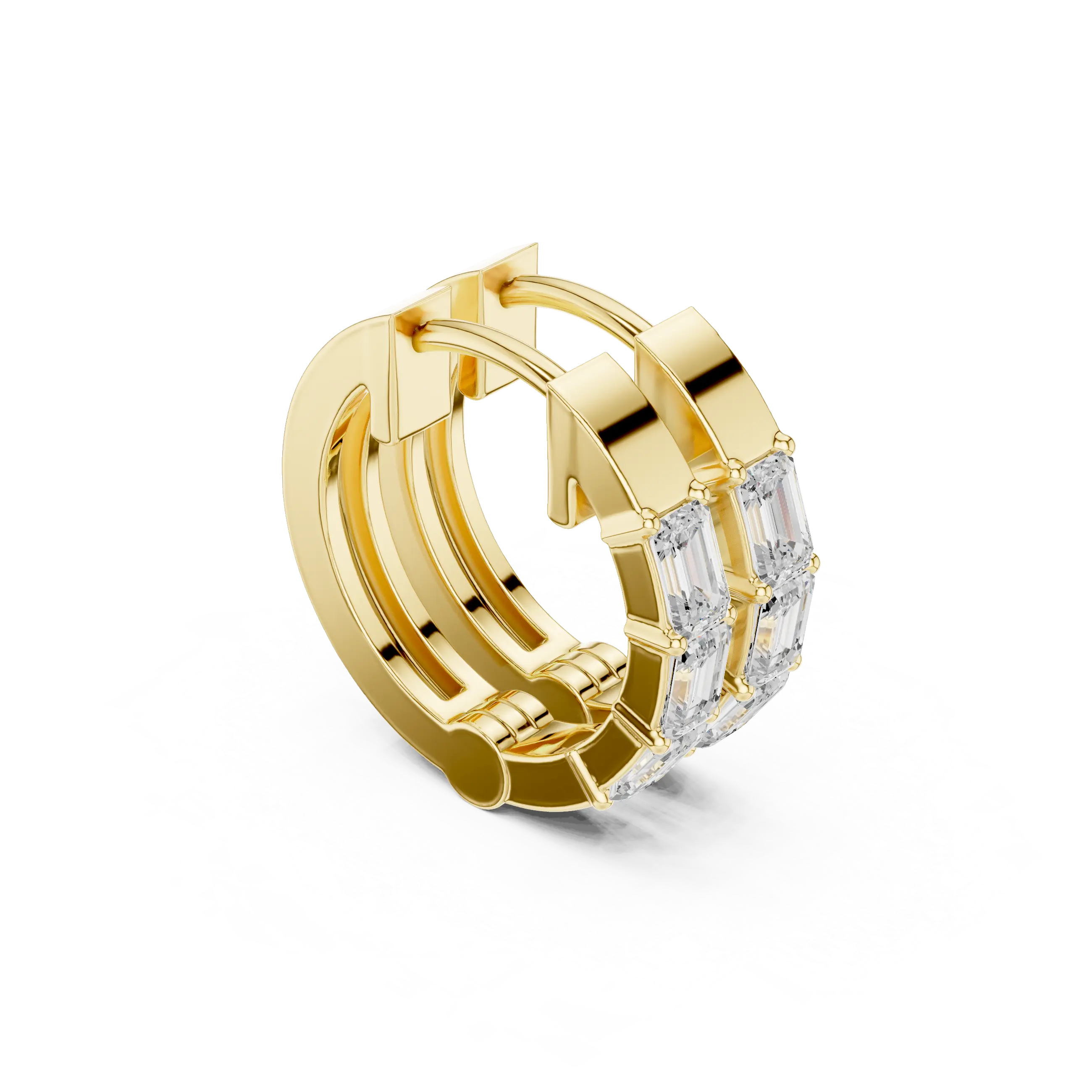 Three-quarter-view: Emerald Cut Diamond Hoop with Bezel Setting in 14k Yellow Gold - Lab Grown - Driona Jewels