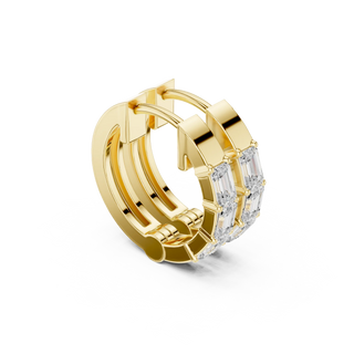 Three-quarter-view: Emerald Cut Diamond Hoop with Bezel Setting in 14k Yellow Gold - Lab Grown - Driona Jewels
