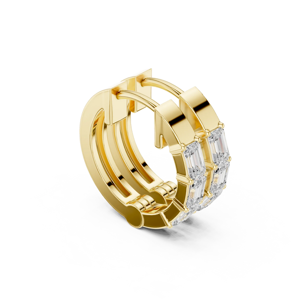 Three-quarter-view: Emerald Cut Diamond Hoop with Bezel Setting in 14k Yellow Gold - Lab Grown - Driona Jewels