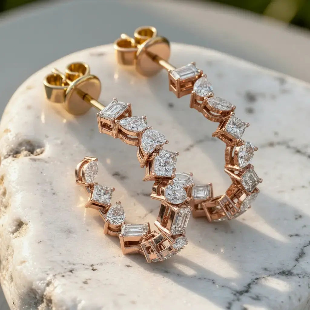 Pair Shot: Emerald Cut Diamond Hoops with Pave Setting in 14k Rose Gold - Lab Grown - Driona Jewels