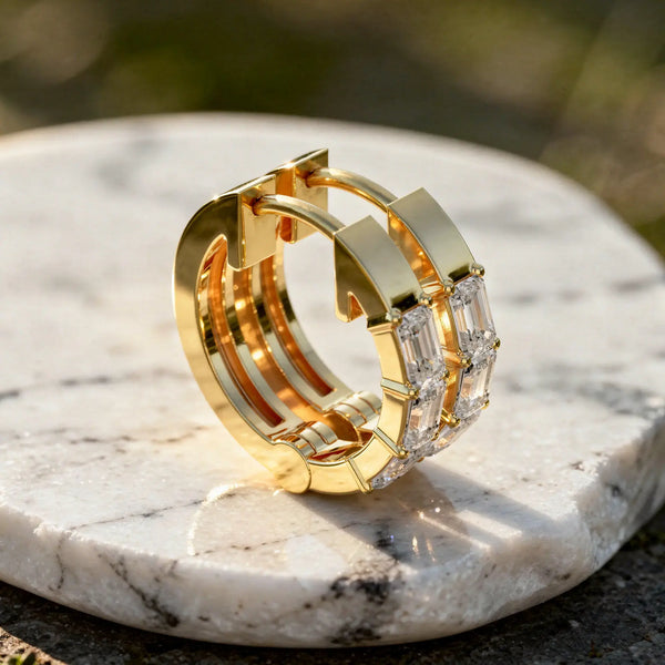 Close-up: Emerald Cut Diamond Hoop Earrings with Pave Setting in 14k Yellow Gold - Lab Grown - Driona Jewels