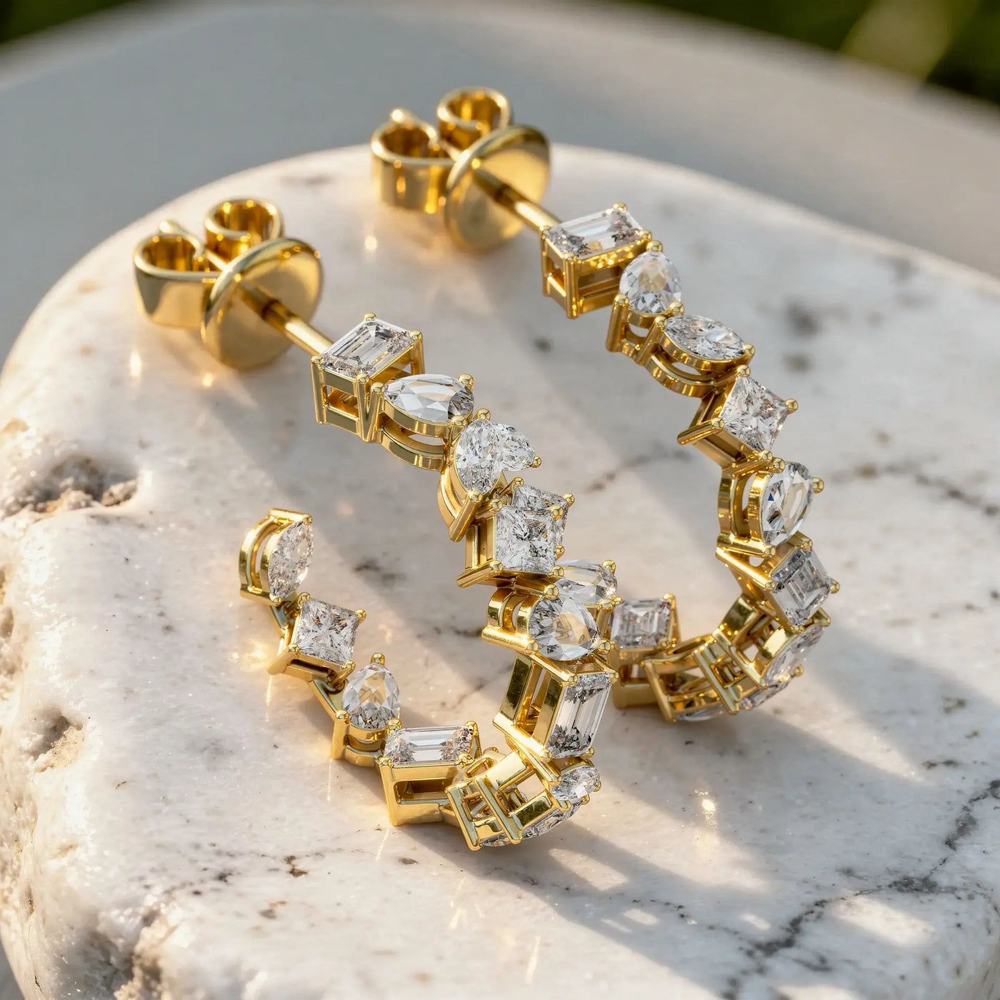 Pair-Shot: Emerald Cut Diamond Hoop Earrings with Pave Setting in 14k Yellow Gold - Lab Grown - Driona Jewels