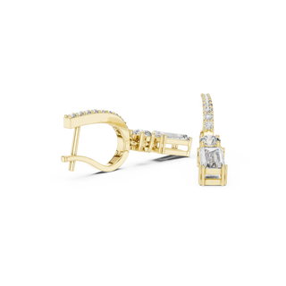 Three-quarter View: Emerald Cut Diamond Hoop Earrings with Pave Setting in 14k Yellow Gold - Lab Grown - Driona Jewels
