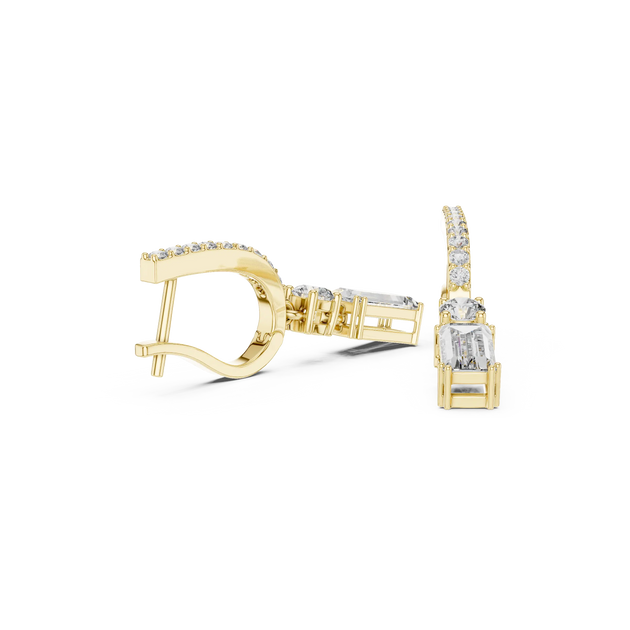 Three-quarter View: Emerald Cut Diamond Hoop Earrings with Pave Setting in 14k Yellow Gold - Lab Grown - Driona Jewels