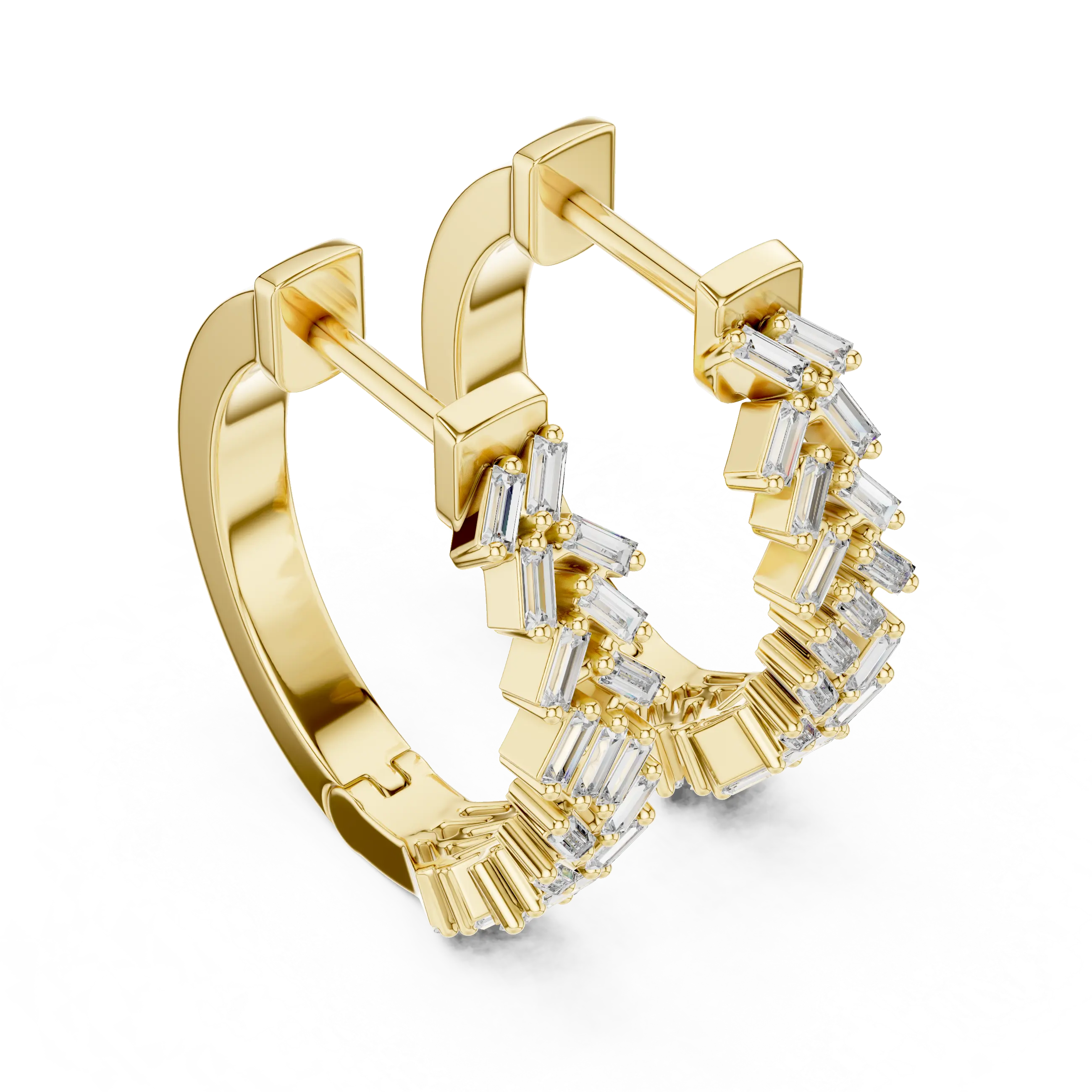 Three-quarter-view: Emerald Cut Diamond Hoop Earrings with Pave Setting in 14k Yellow Gold - Lab Grown - Driona Jewels