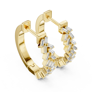 Three-quarter-view: Emerald Cut Diamond Hoop Earrings with Pave Setting in 14k Yellow Gold - Lab Grown - Driona Jewels