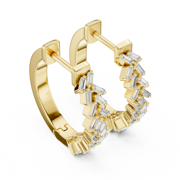 Three-quarter-view: Emerald Cut Diamond Hoop Earrings with Pave Setting in 14k Yellow Gold - Lab Grown - Driona Jewels