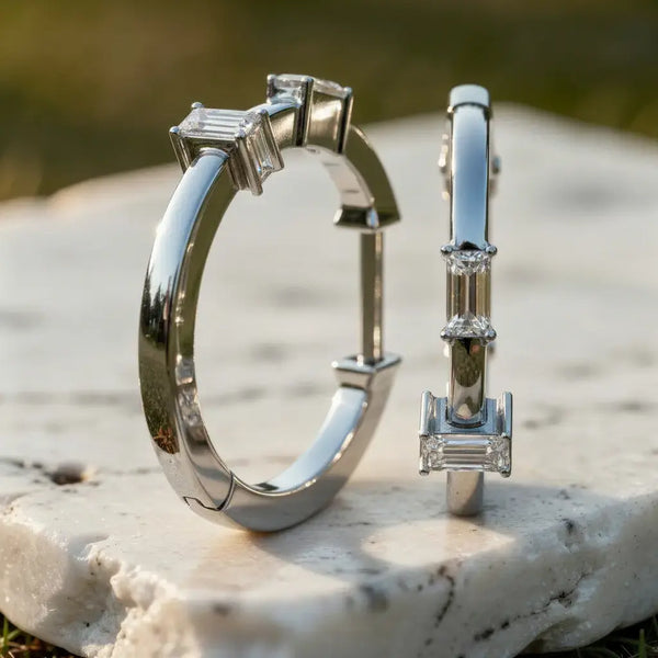 Pair-shot: Emerald Cut Diamond Hoop Earrings with Prong Setting in 14k White Gold - Lab Grown - Driona Jewels