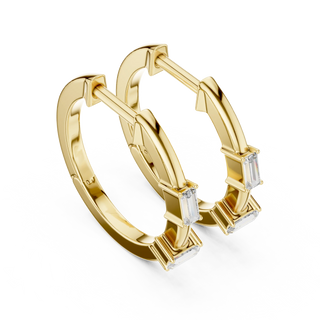Pair-Shot: Emerald Cut Diamond Hoop Earrings with Prong Setting in 14k Yellow Gold - Lab Grown - Driona Jewels