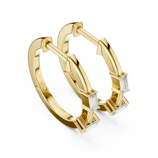 Pair-Shot: Emerald Cut Diamond Hoop Earrings with Prong Setting in 14k Yellow Gold - Lab Grown - Driona Jewels