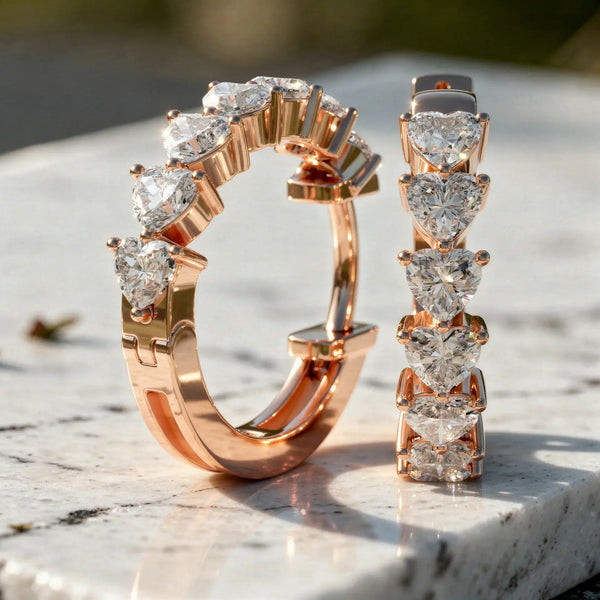 Pair-shot: Heart Cut Diamond Hoop Earrings with Pave Setting in 14k Rose Gold - Lab Grown - Driona Jewels