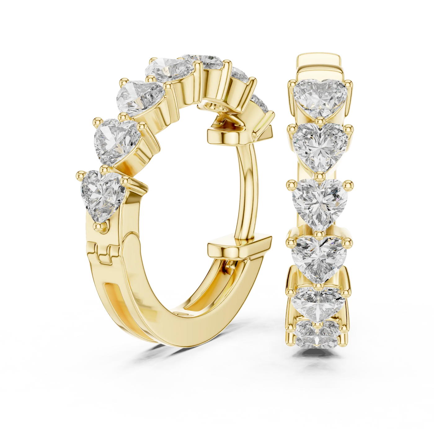 Pair Shot: Heart Cut Diamond Hoop Earrings with Pave Setting in 14k Yellow Gold - Lab Grown - Driona Jewels