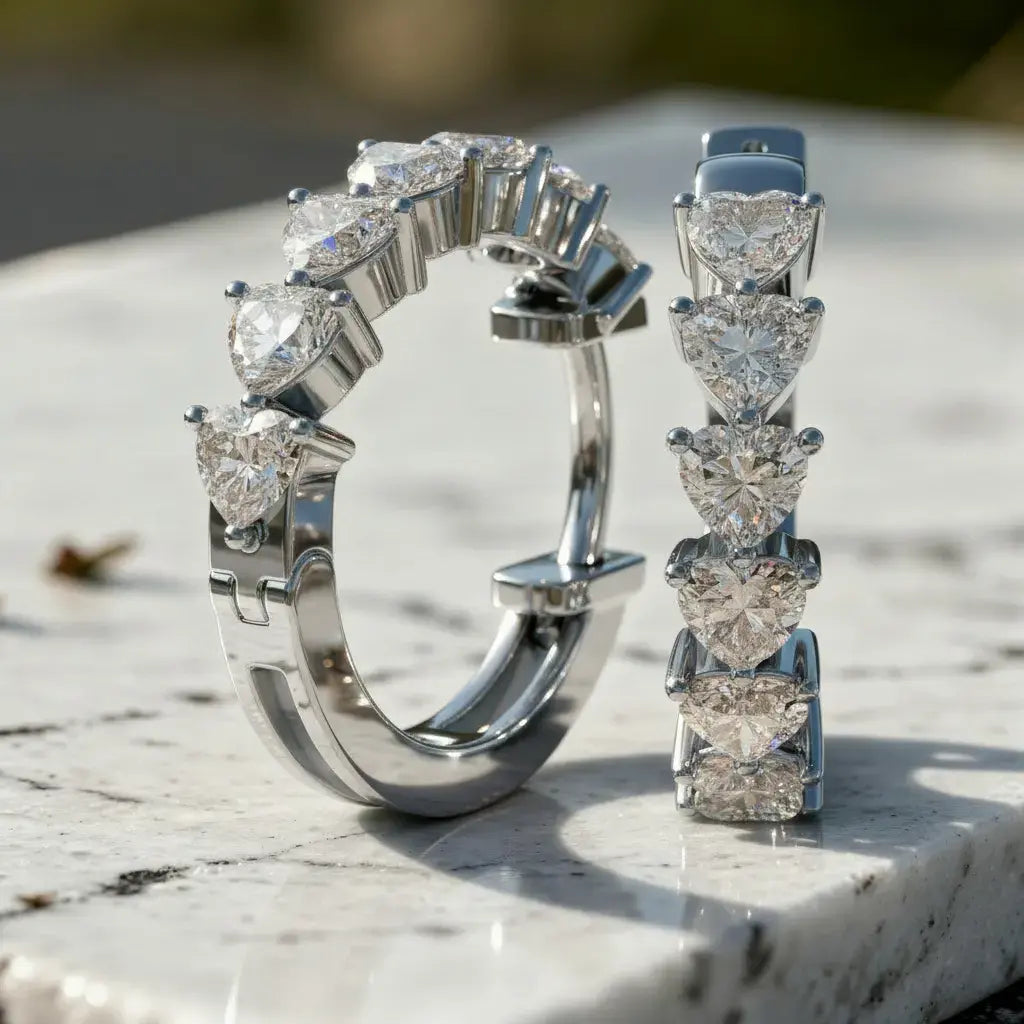 Pair-shot: Heart Cut Diamond Hoop Earrings with Prong Setting in 14k White Gold - Lab Grown - Driona Jewels