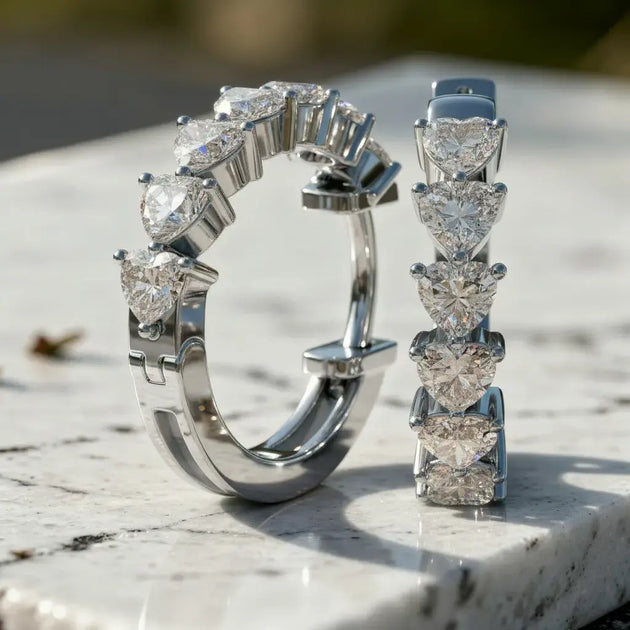Pair-shot: Heart Cut Diamond Hoop Earrings with Prong Setting in 14k White Gold - Lab Grown - Driona Jewels