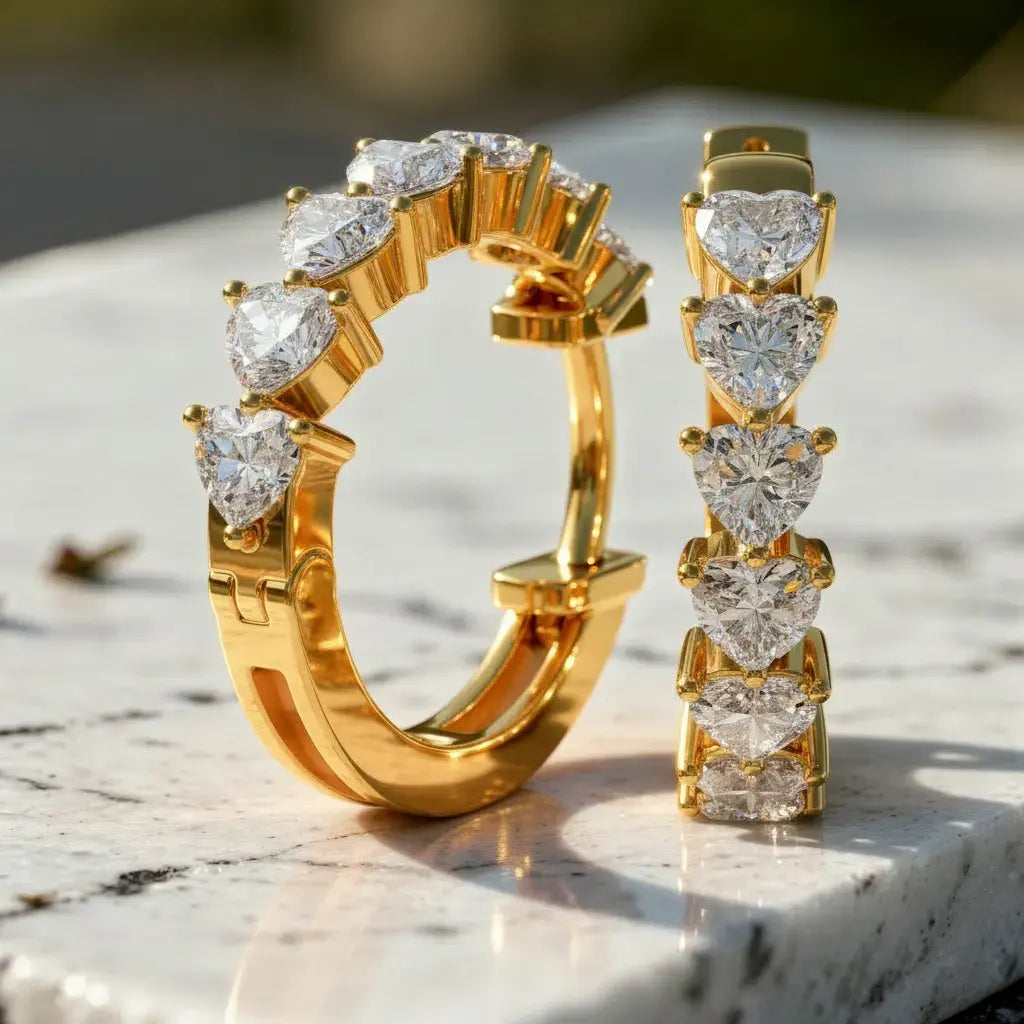 Pair-Shot: Heart Cut Diamond Hoop Earrings with Prong Setting in 14k Yellow Gold - Lab Grown - Driona Jewels