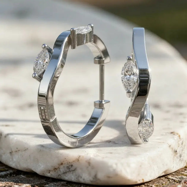 Marquise Diamond Hoop Earrings, Solid Gold Huggie Hoops