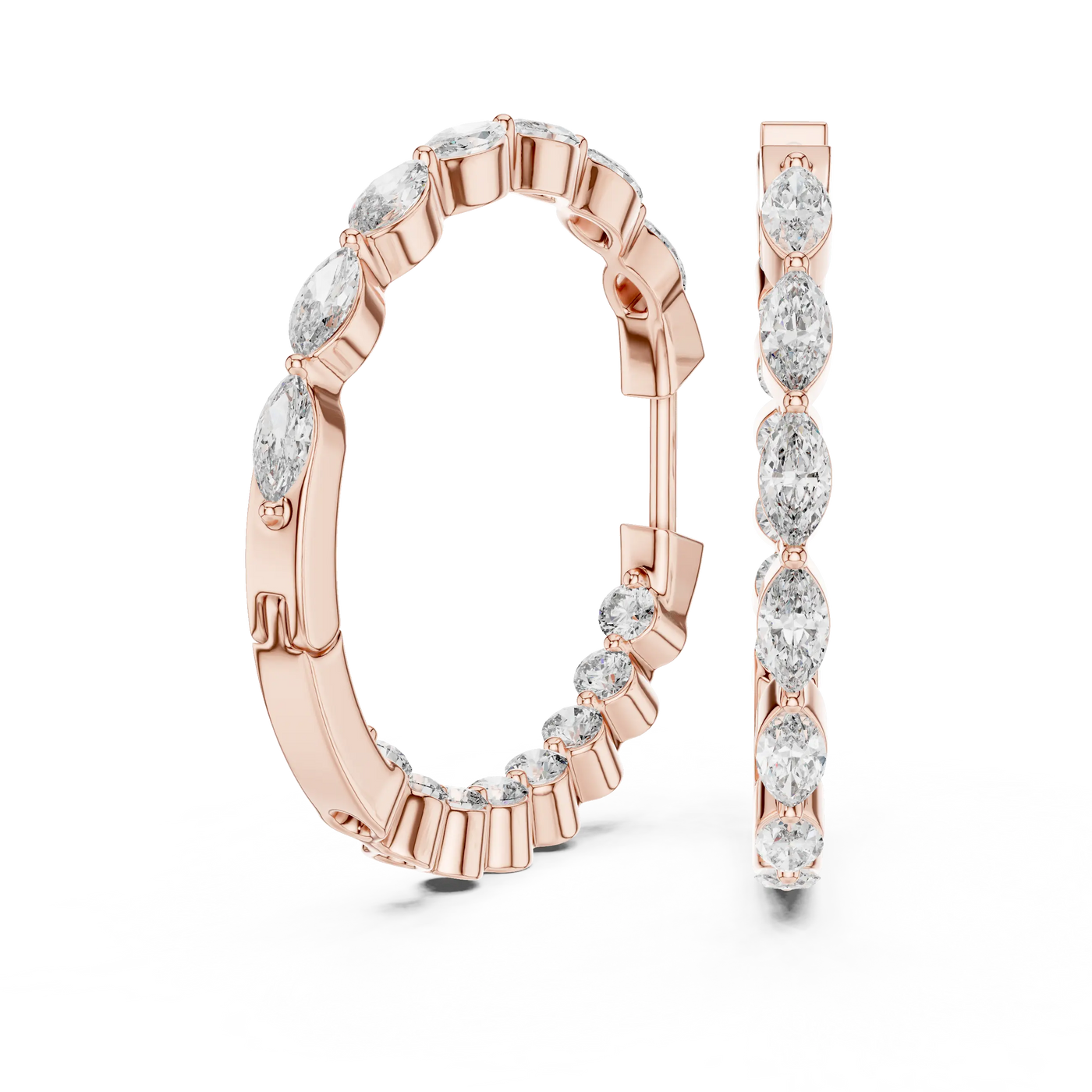 Pair-shot: Marquise Diamond Hoop Earrings with Pave Setting in 14k Rose Gold - Lab Grown - Driona Jewels