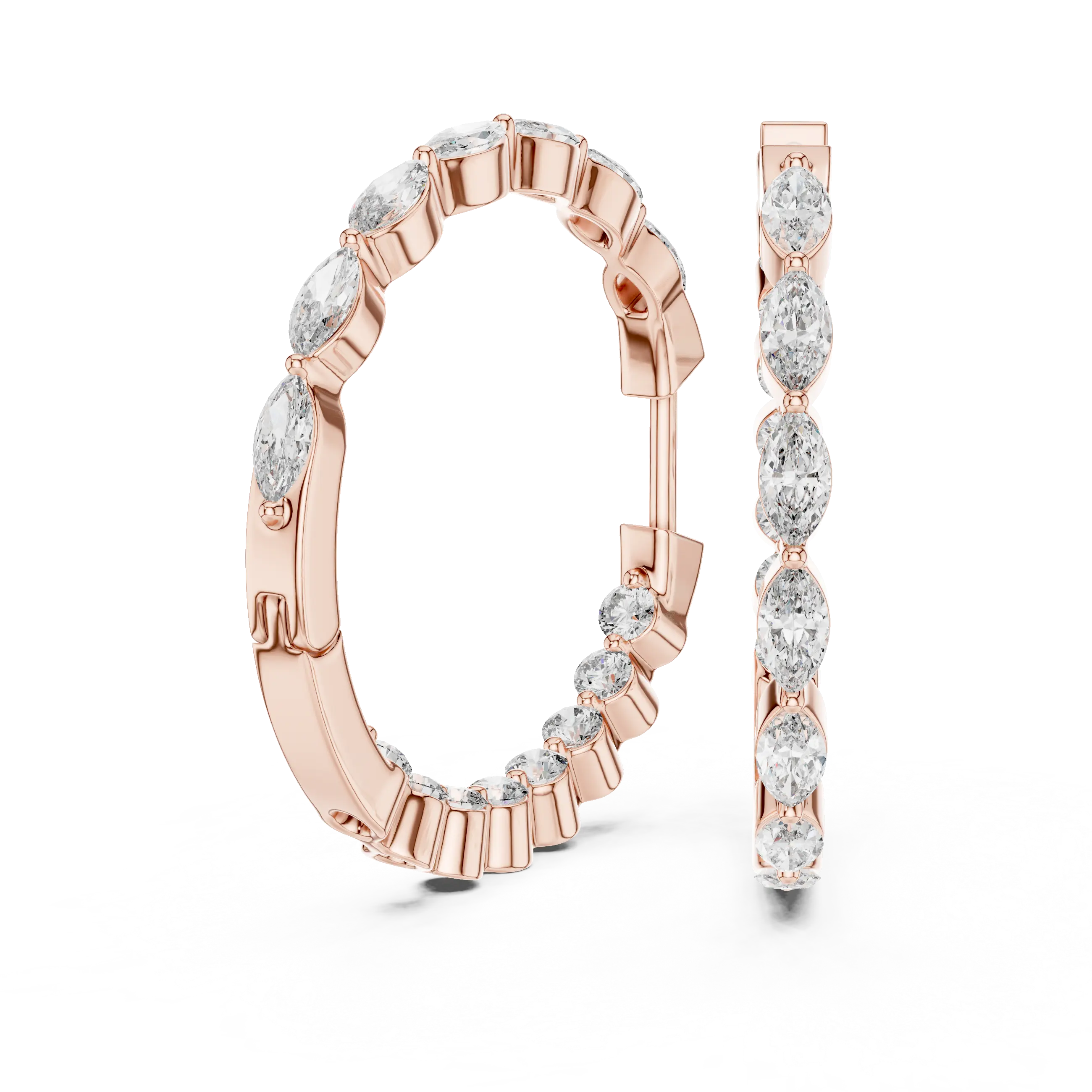 Pair-shot: Marquise Diamond Hoop Earrings with Pave Setting in 14k Rose Gold - Lab Grown - Driona Jewels