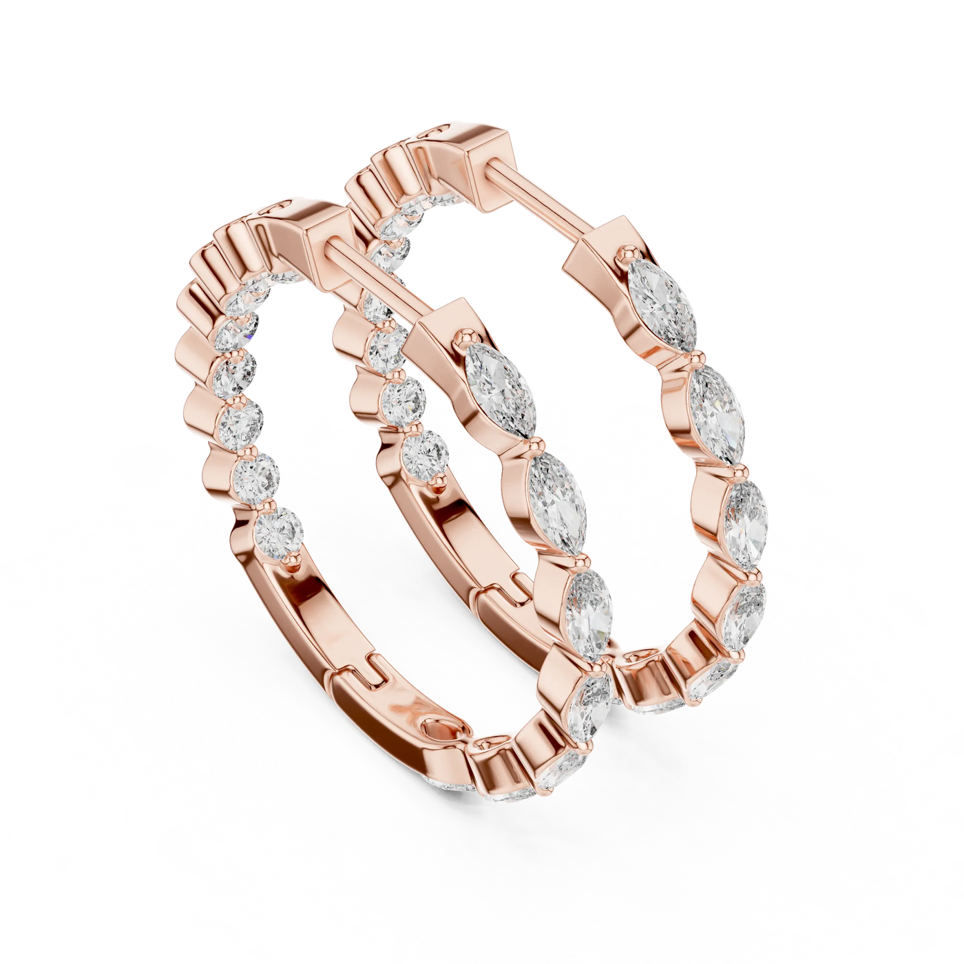 Pair-shot: Marquise Diamond Hoops with Pave Setting in 14k Rose Gold - Lab Grown - Driona Jewels