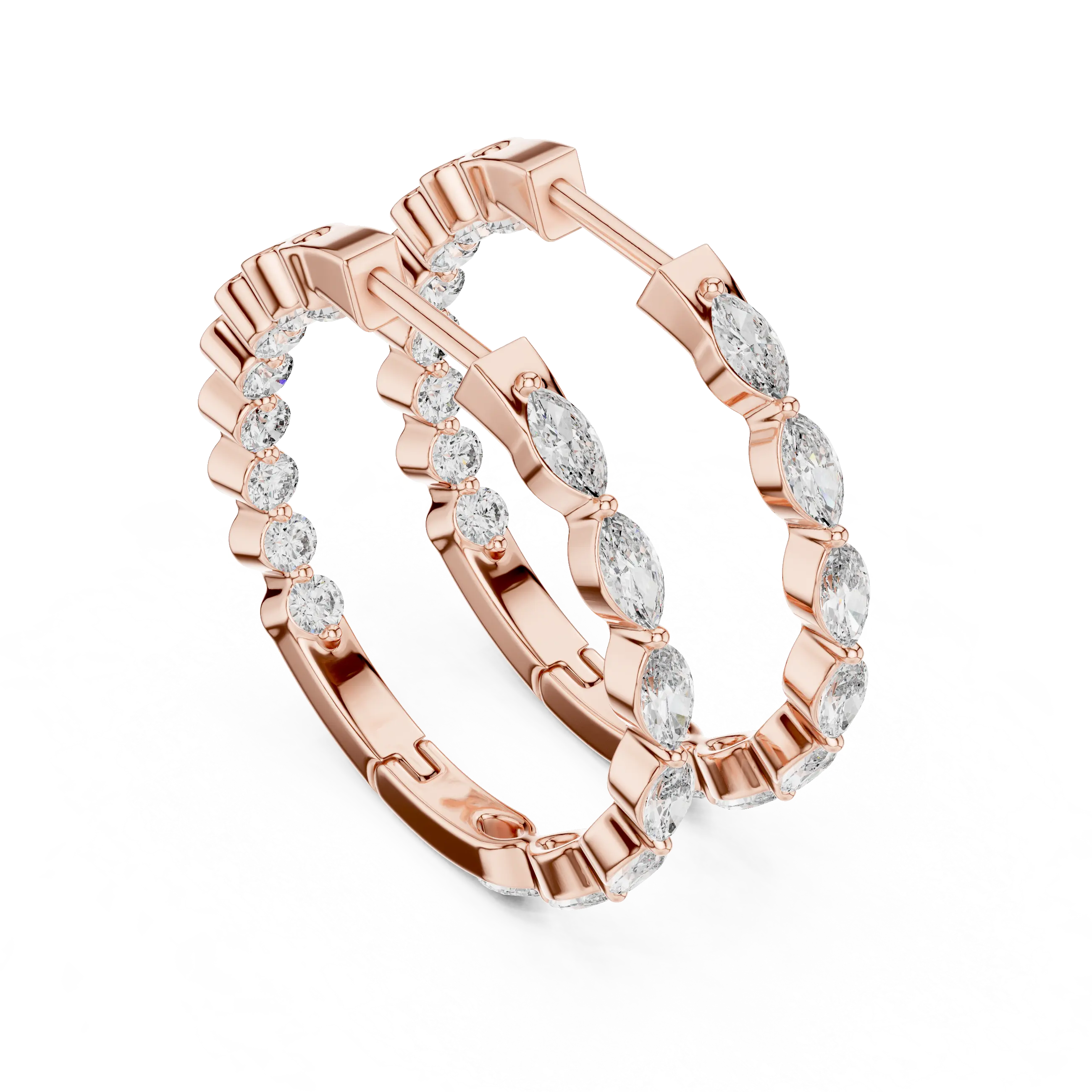 Pair-shot: Marquise Diamond Hoops with Pave Setting in 14k Rose Gold - Lab Grown - Driona Jewels