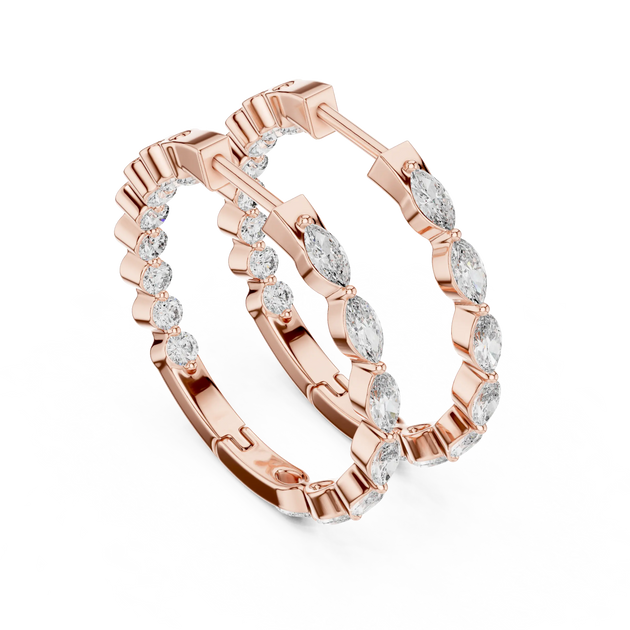 Pair-shot: Marquise Diamond Hoops with Pave Setting in 14k Rose Gold - Lab Grown - Driona Jewels