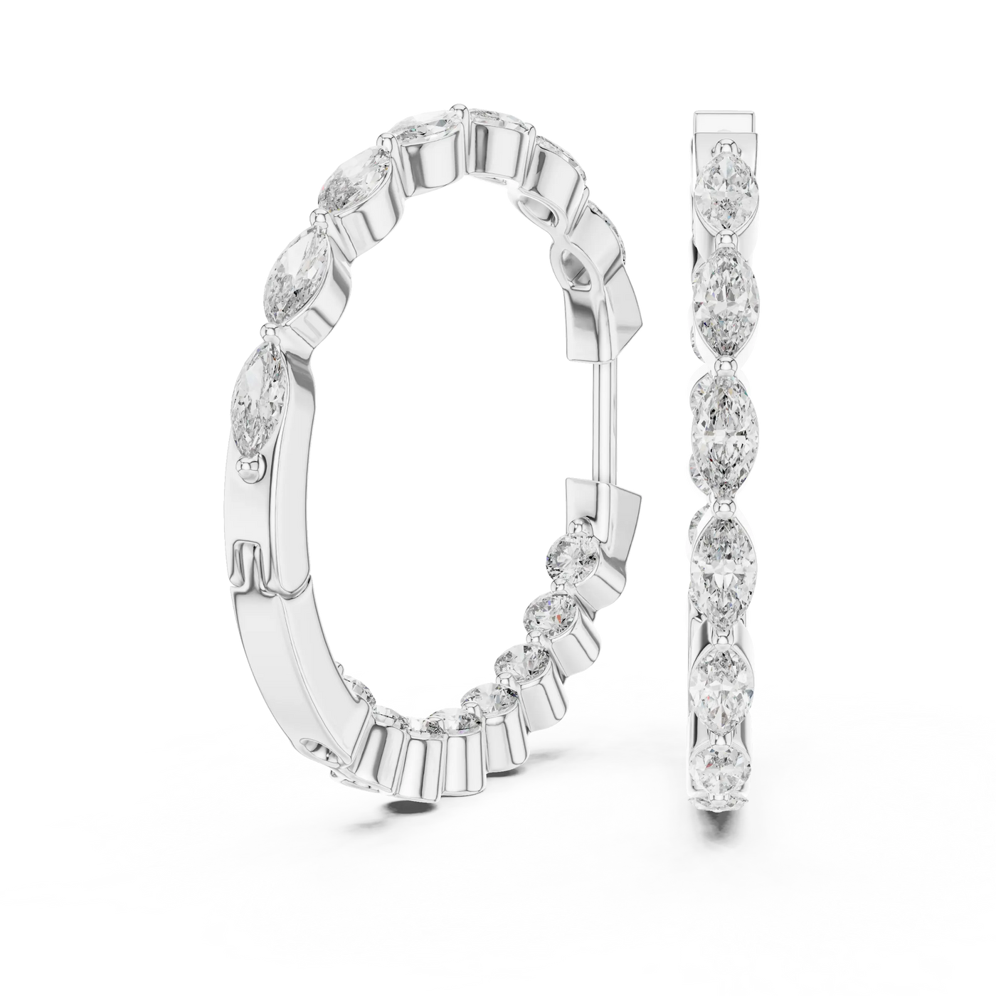 Pair Shot: Marquise Diamond Hoop Earrings with Pave Setting in 14k White Gold - Lab Grown - Driona Jewels