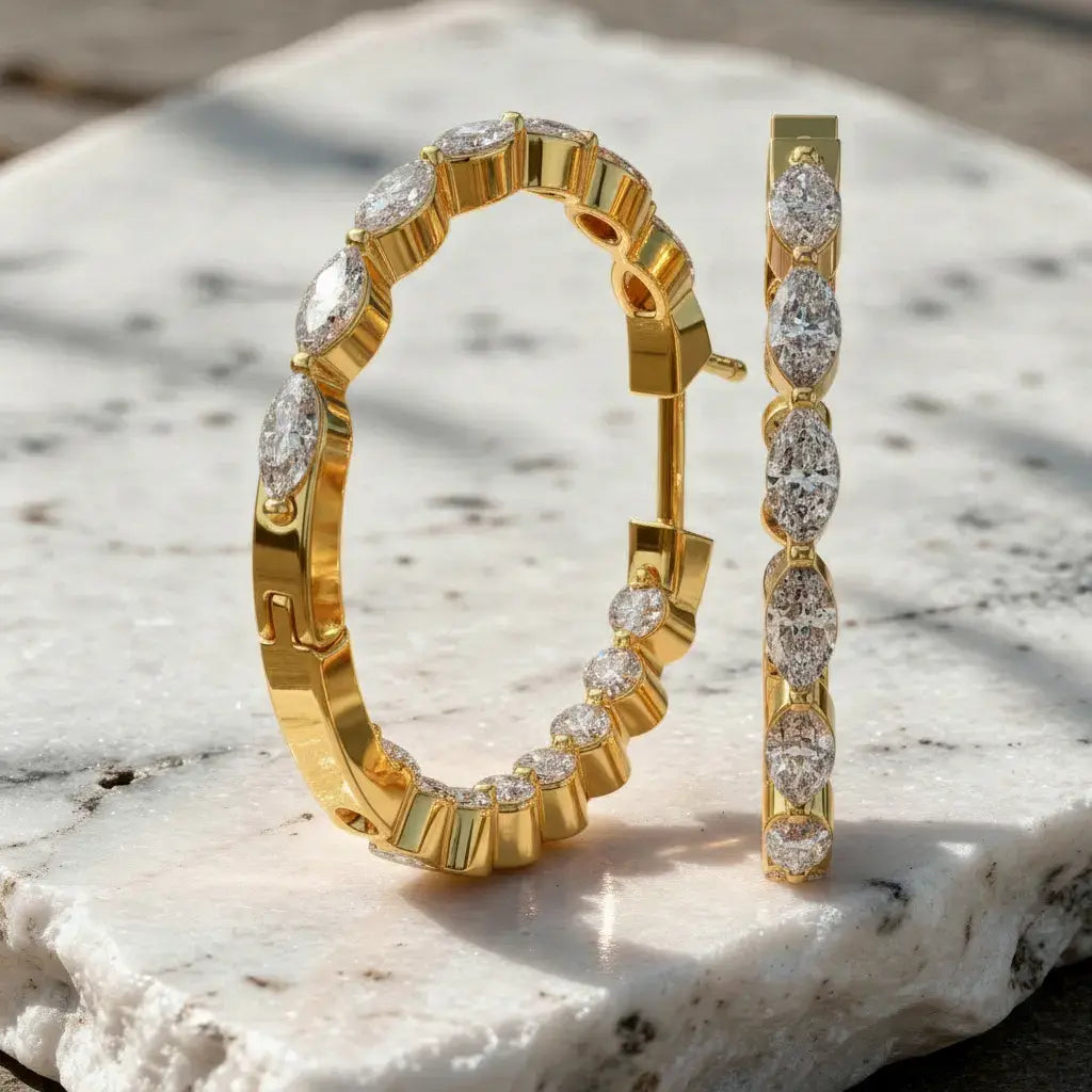 Pair-shot: Marquise Diamond Hoop Earrings with Pave Setting in 14k Yellow Gold - Lab Grown - Driona Jewels