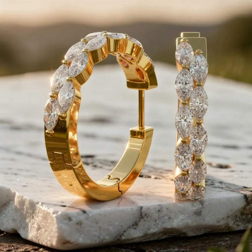 Pair Shot: Marquise Diamond Hoop Earrings with Pave Setting in 14k Yellow Gold - Lab Grown - Driona Jewels