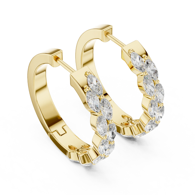 Pair-Shot: Marquise Diamond Hoop Earrings with Prong Setting in 14k Yellow Gold - Lab Grown - Driona Jewels