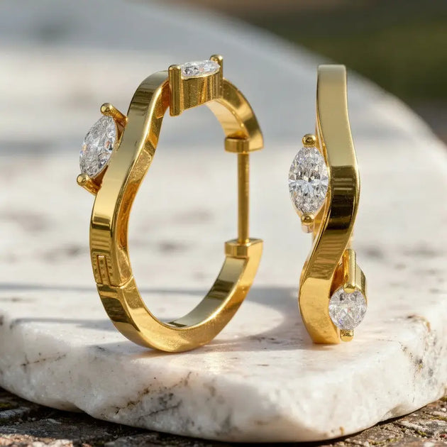 Marquise Diamond Hoop Earrings, Solid Gold Huggie Hoops