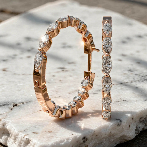 Pair Shot: Oval Diamond Hoop Earrings with Pave Setting in 14k Rose Gold - Lab Grown - Driona Jewels