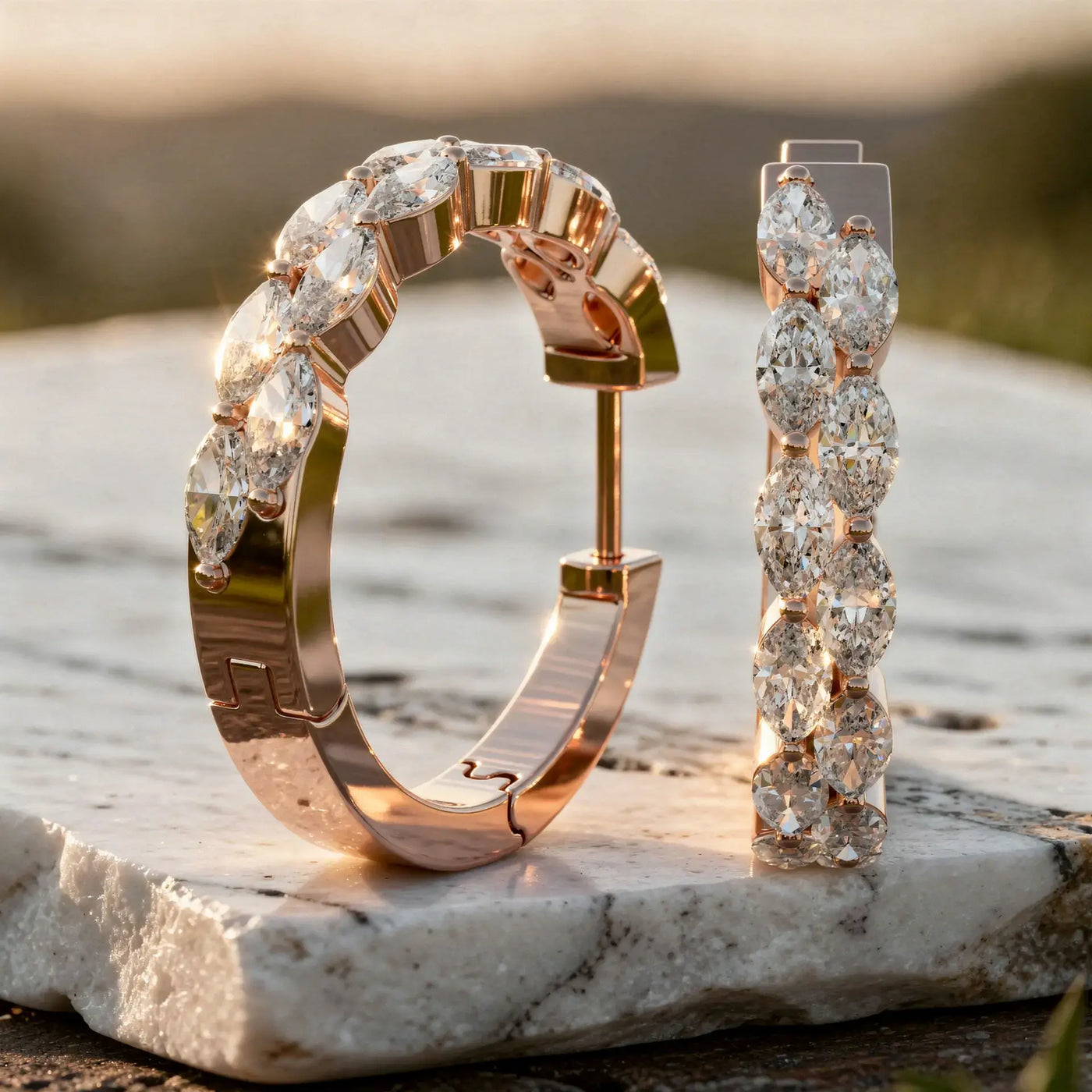 Pair Shot: Pear Cut Diamond Hoop Earrings with Pave Setting in 14k Rose Gold - Lab Grown - Driona Jewels