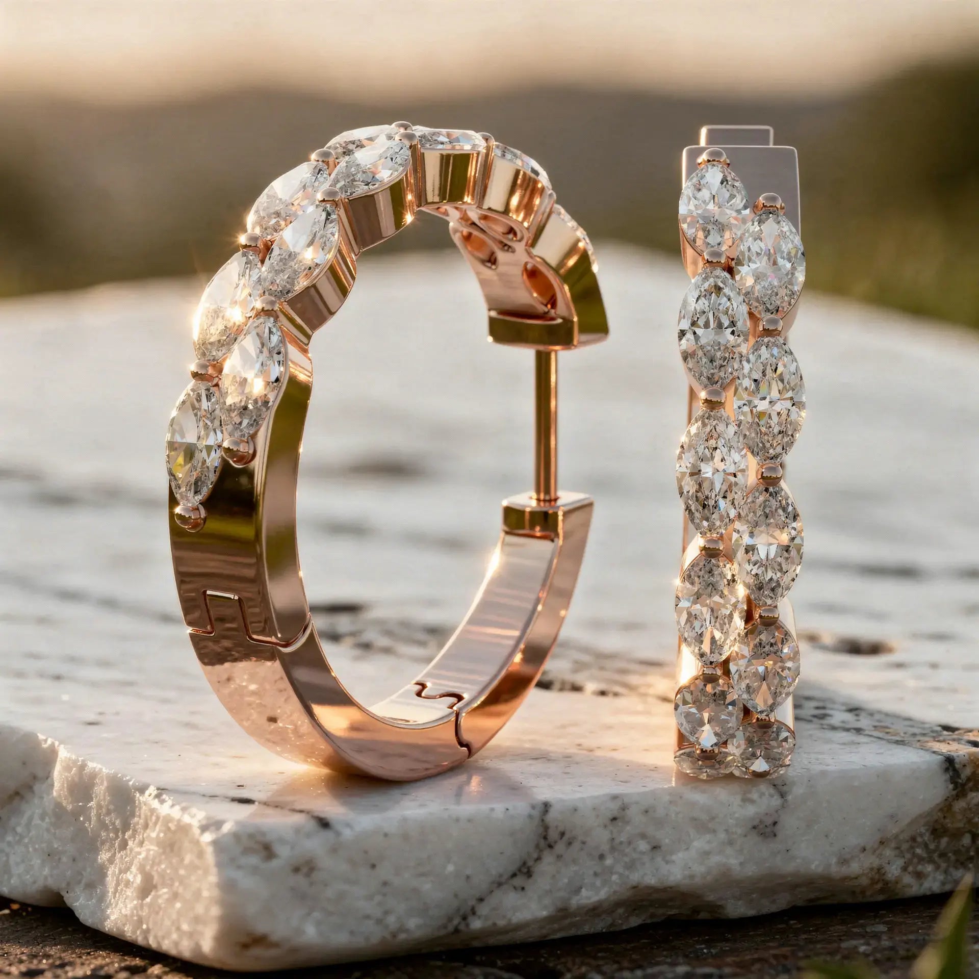 Pair Shot: Pear Cut Diamond Hoop Earrings with Pave Setting in 14k Rose Gold - Lab Grown - Driona Jewels
