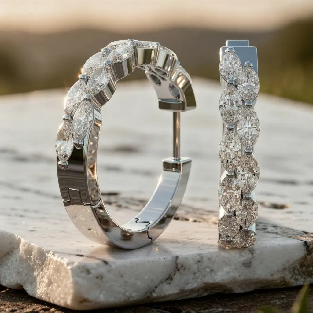 Flat Lay: Pear Cut Diamond Hoop Earrings with Pave Setting in 14k White Gold - Lab Grown - Driona Jewels